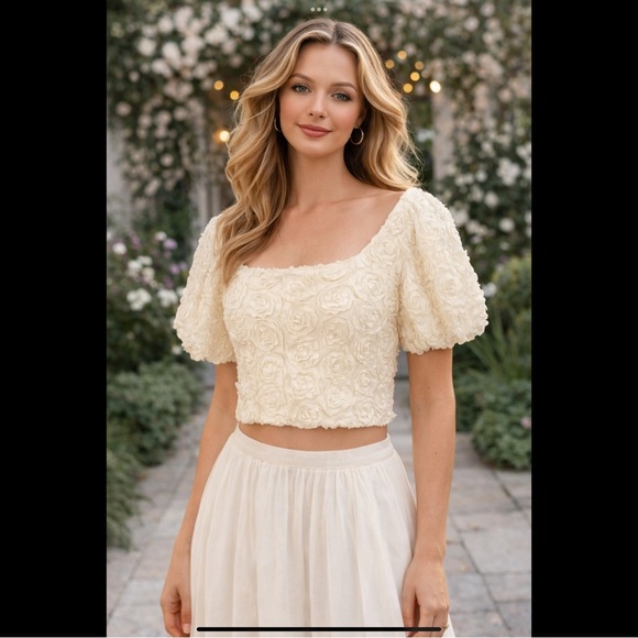 Julia by Love J Tops - Julia by Love White Rosette Crop Top Puff Sleeve Bridal Event Size S